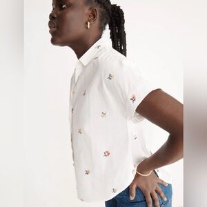Madewell White V-Neck Floral Cross-Stitch Floral Women’s Button Up Shirt Sz M